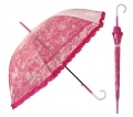 Głęboka przezroczysta parasolka damska z falbanką, koronka Różowa