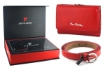 Damski skórzany zestaw prezentowy: pasek 110 cm + portfel Pierre Cardin, czerwony